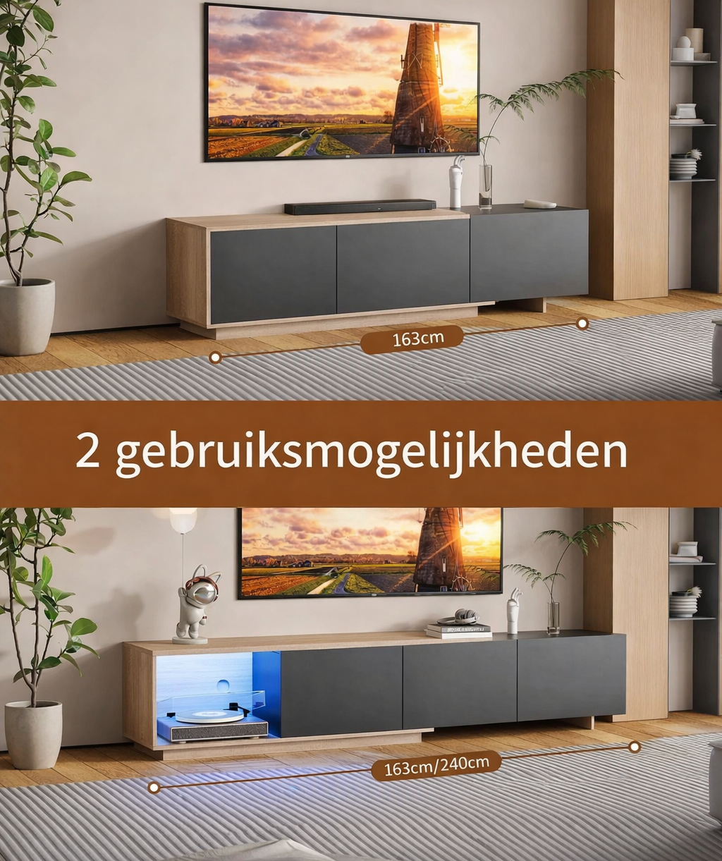 Uitschuifbaar TV-meubel met LED-verlichting verkrijgbaar in 2 kleuren