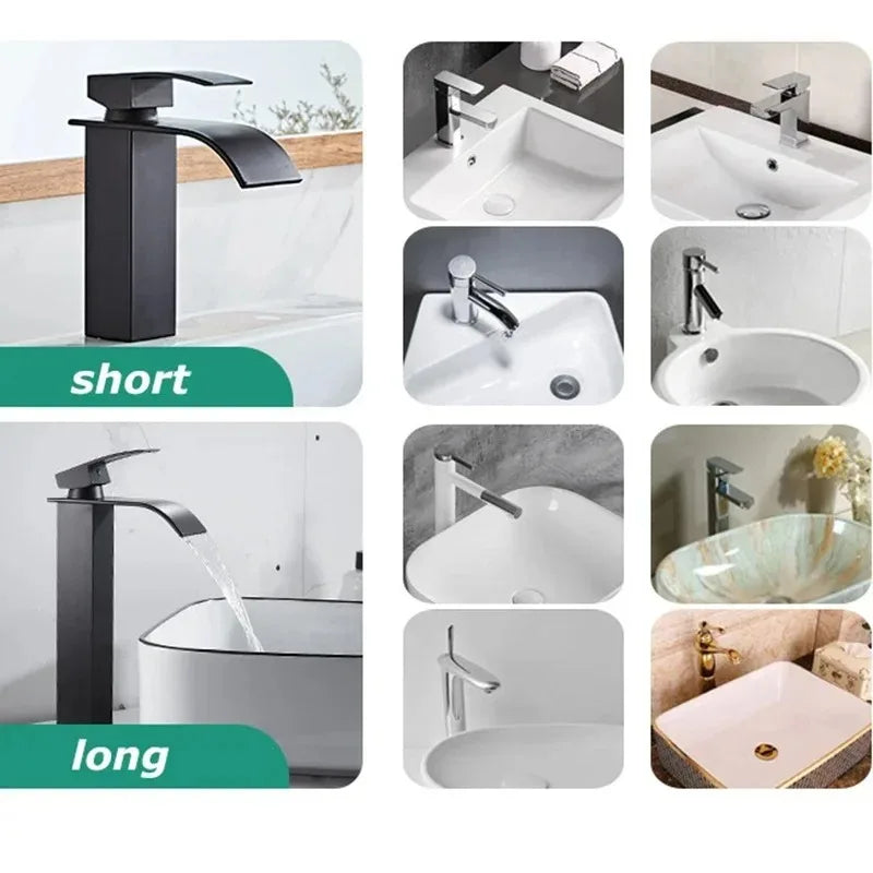 Moderne Waterval Wastafelkraan – Verkrijgbaar in Zwart en Zilver, Kort en Lang Model